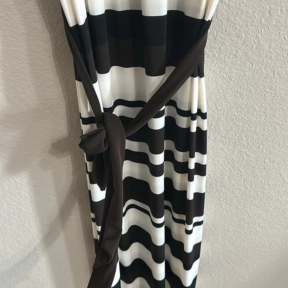 CHICO’S Black/Brown/White Stripe Short Sleeve Maxi Dress Size 1